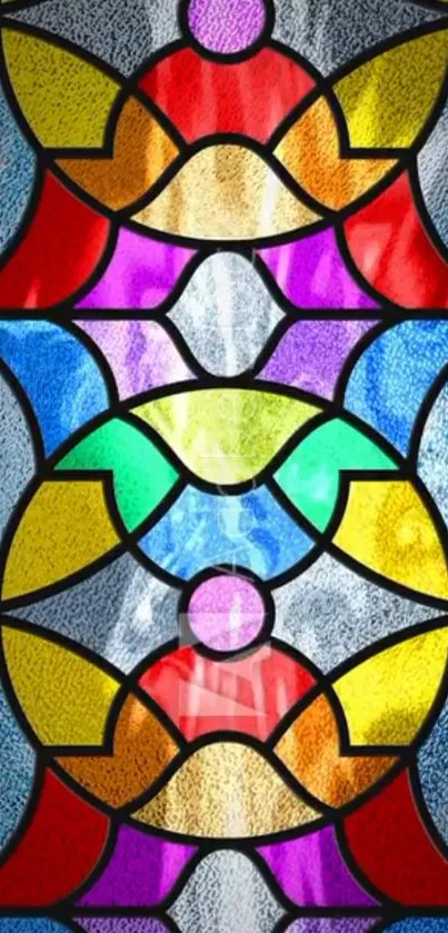 Colorful stained glass wallpaper with geometric patterns and vibrant colors.