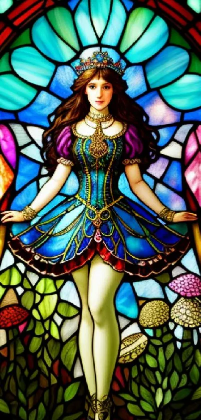 Vibrant stained glass art depicting a colorful figure with floral patterns.