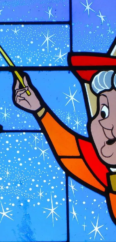 Colorful stained glass art with fairies on blue background.