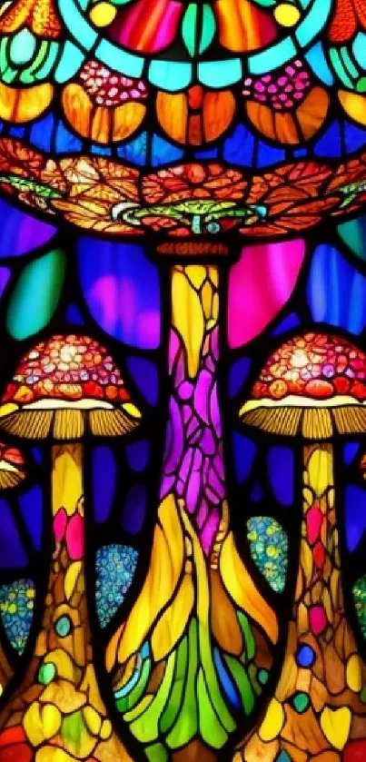 Colorful stained glass mushrooms illuminated in purple and vibrant hues.