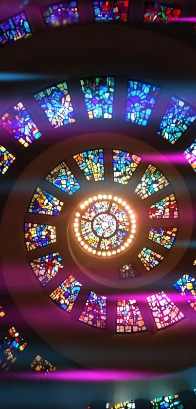 Colorful stained glass spiral art wallpaper with vibrant patterns.