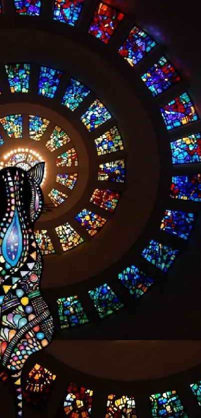 Vibrant spiral of stained glass art with bold colors and intricate patterns.