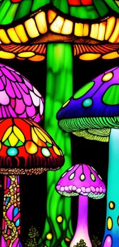 Vibrant stained glass style mushrooms with colorful designs.