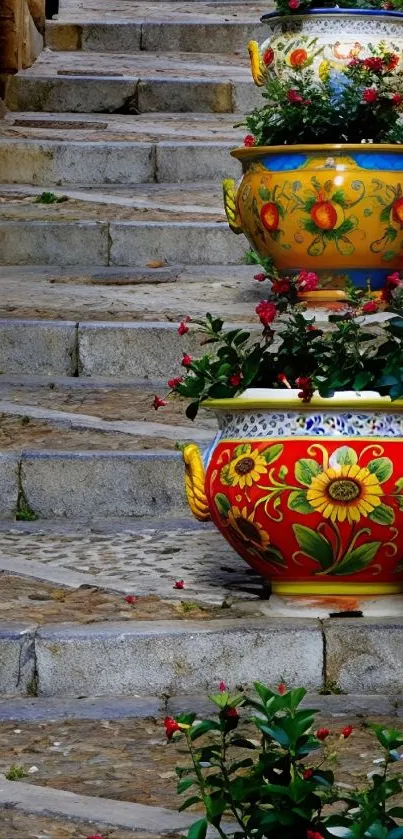 Colorful pots on stone staircase with floral designs.