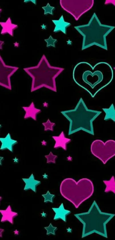 Vibrant stars and hearts wallpaper on black.