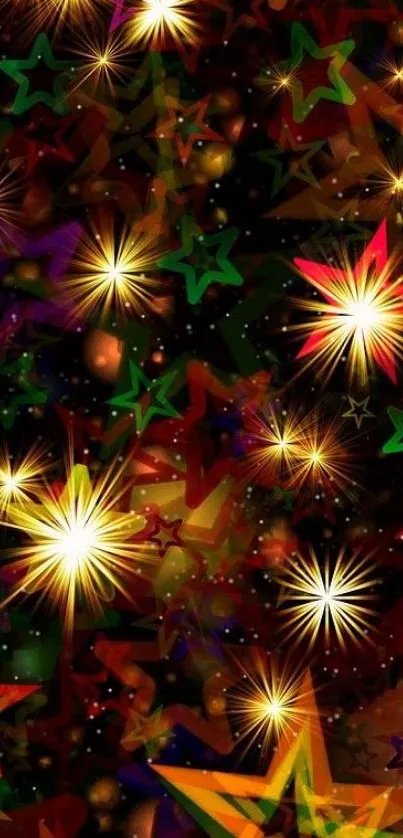 Mobile wallpaper with colorful stars and bursts against a black starry night background.