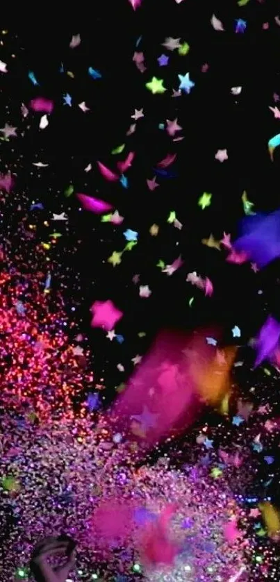 Vibrant star confetti explosion on a dark background, perfect for mobile wallpaper.