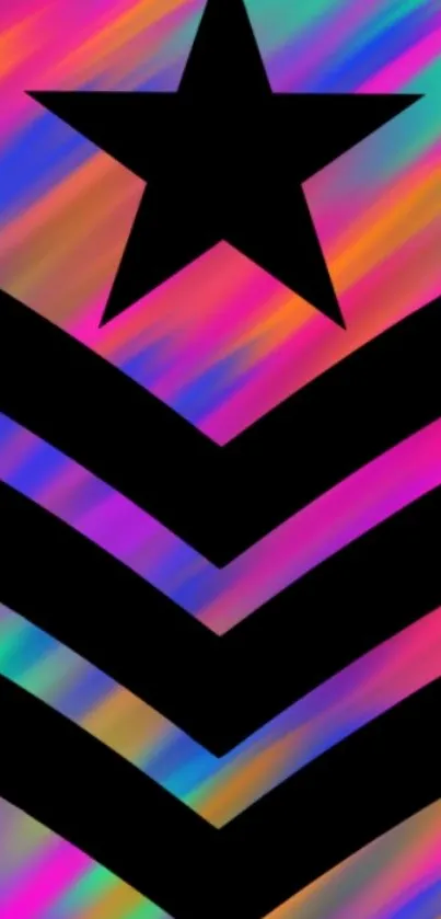 Colorful mobile wallpaper with black star and chevron on gradient background.