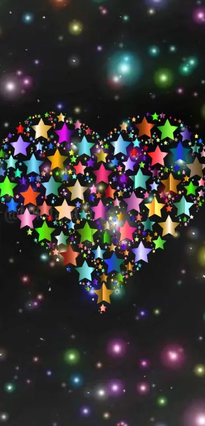 Colorful heart of stars on a dark background mobile wallpaper.