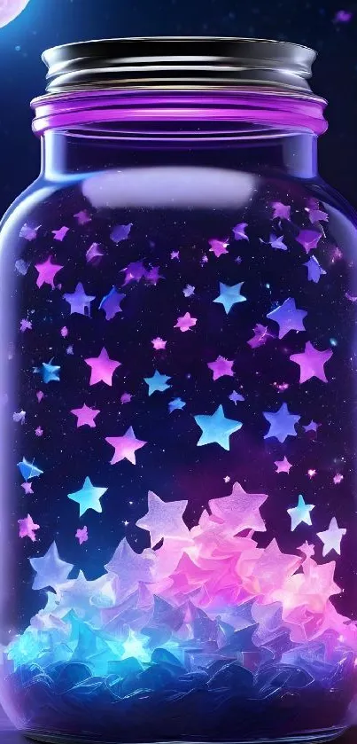 A jar filled with colorful glowing stars against a dark night sky.