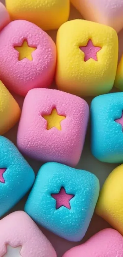 Colorful star-shaped marshmallows in pastel hues.