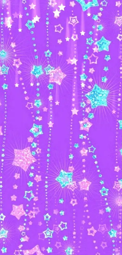 Mobile wallpaper with colorful stars and vibrant purple background.