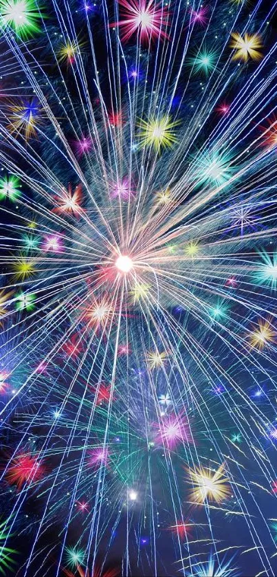 Vibrant fireworks bursting in night sky.