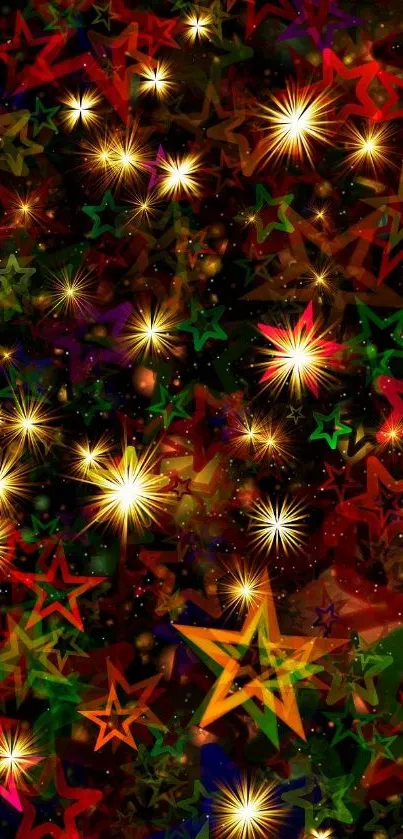 Vibrant starburst wallpaper with colorful stars on a black background.