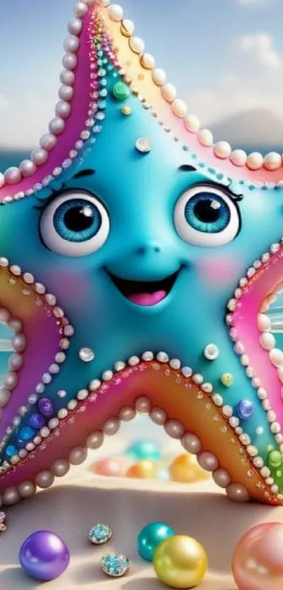 Colorful animated starfish with pearls on a sandy beach.