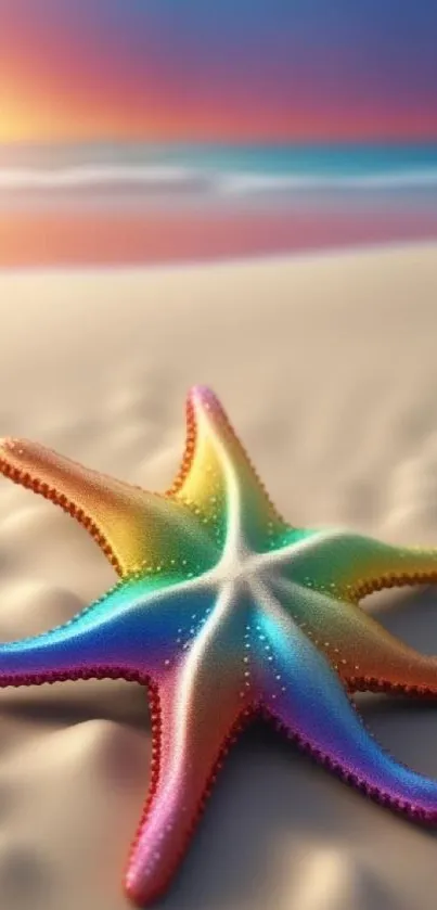 Rainbow starfish on serene beach at sunset.