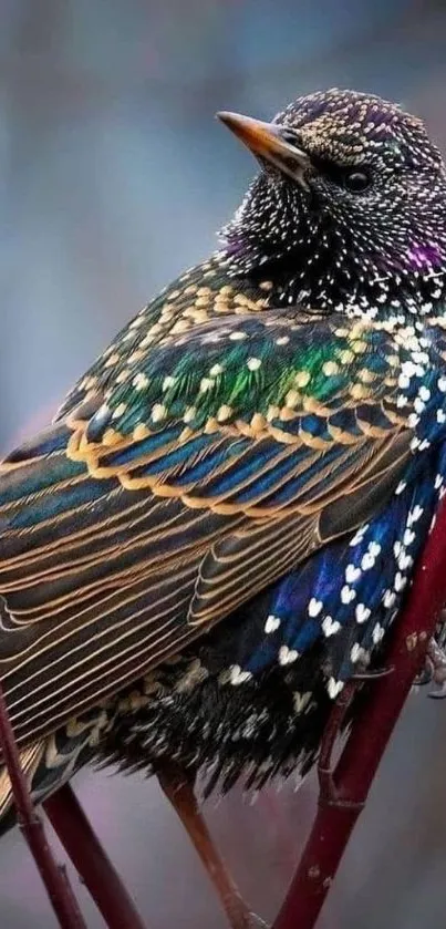 Colorful starling bird perched on a branch with vibrant feathers.