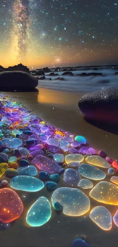 Colorful glowing stones on a starry beach night.