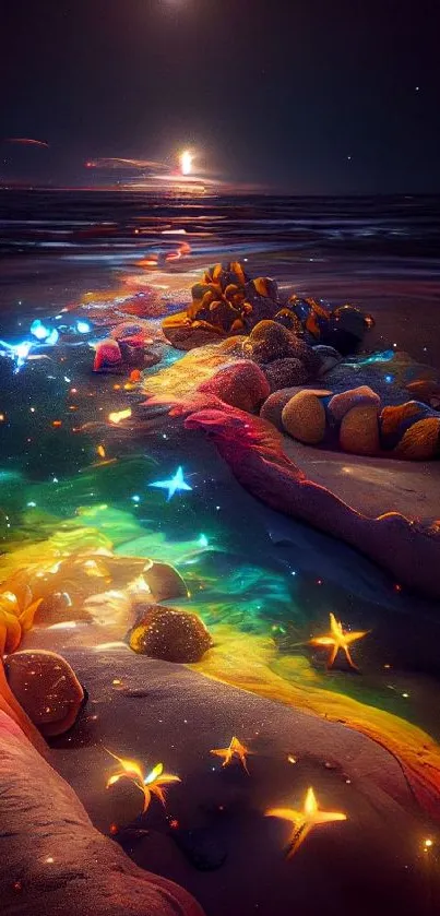 Colorful sand and stars on a night beach under a moonlit sky.