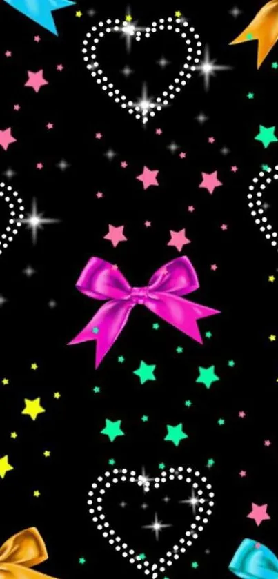 Colorful bows and stars mobile wallpaper with sparkling hearts on black.