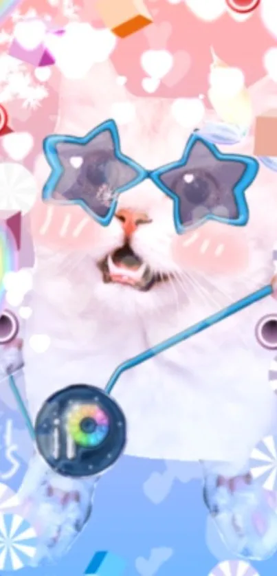 Cartoon cat with star glasses in vibrant colors