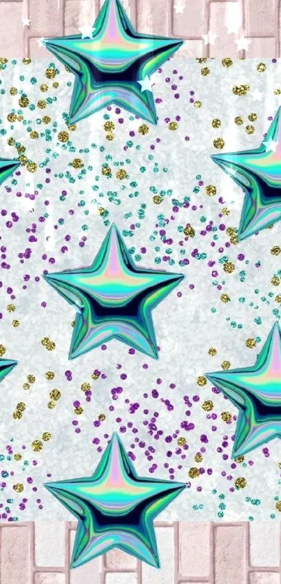 Turquoise stars with colorful confetti on wallpaper.