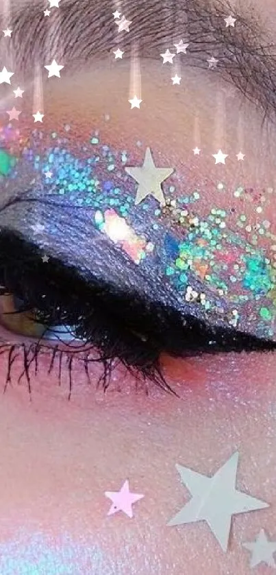 Close-up of eye with colorful glitter and stars.