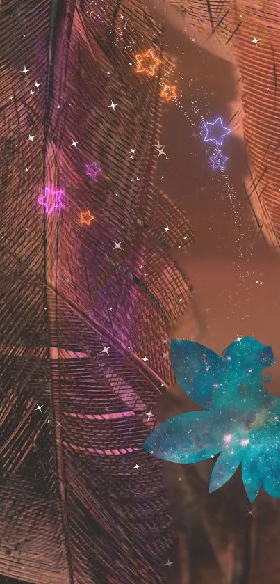 Colorful feather and starry galaxy mobile wallpaper design.