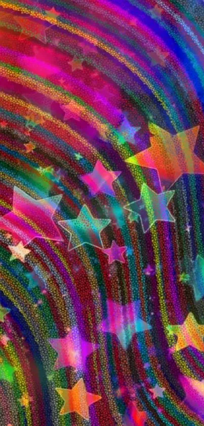 Vibrant starry wallpaper with holographic rainbow stars.