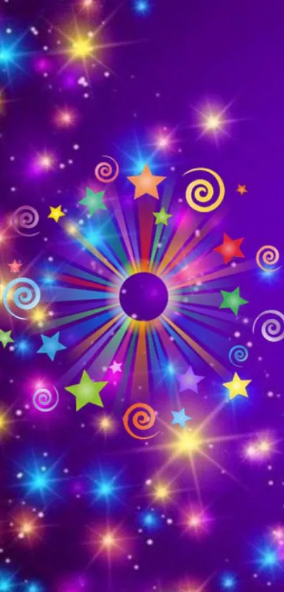 Colorful swirling galaxy with stars on a purple background wallpaper.