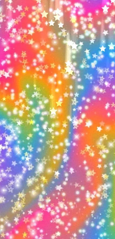 Colorful galaxy wallpaper with stars in rainbow hues.