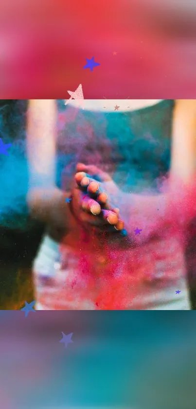 Hands with colorful powder and stars on vibrant background.