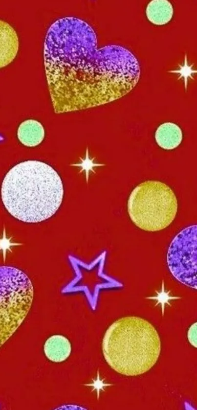 Colorful wallpaper with stars, hearts, and circles on a red background.