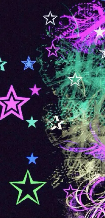 Vibrant wallpaper with neon stars on a black background.