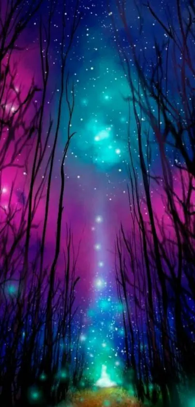 Starry night sky painting with colorful forest path.