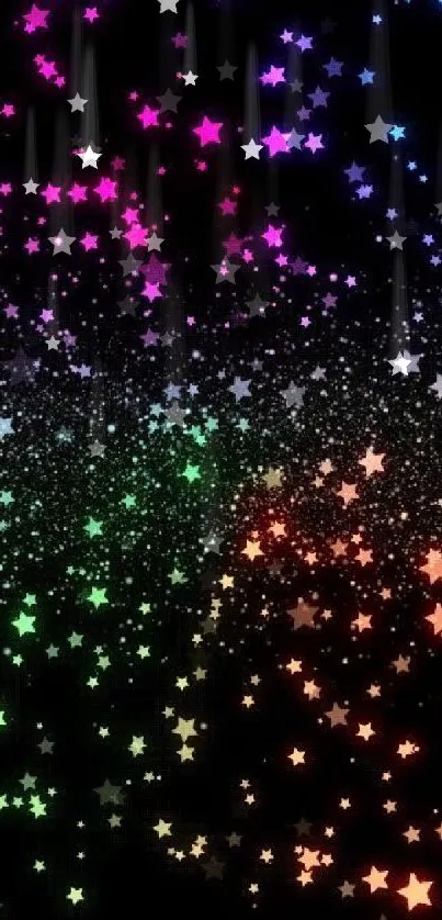 Vibrant mobile wallpaper with colorful glowing stars on a black background.