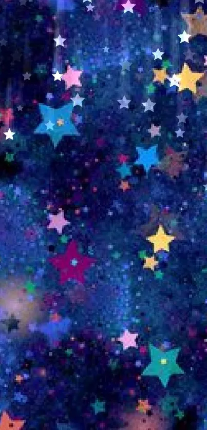 Colorful stars scattered in a dark blue galaxy-themed wallpaper.