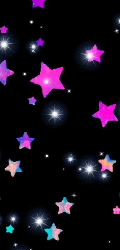 Colorful glowing stars on a black background wallpaper.