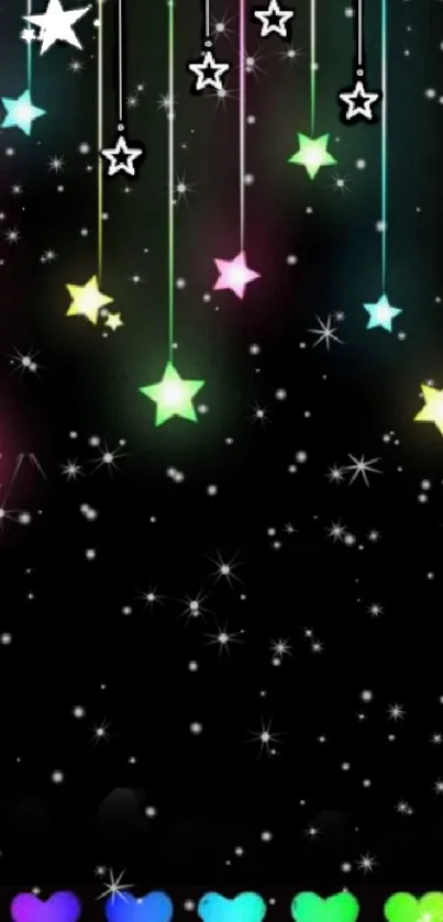 Colorful stars and hearts mobile wallpaper with a black background.