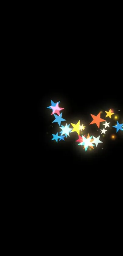 Mobile wallpaper with colorful stars on a black background.