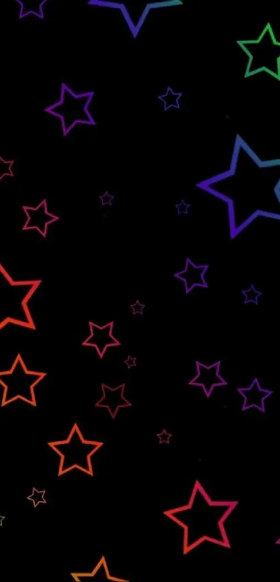 Colorful neon stars on a black background, perfect for wallpapers.