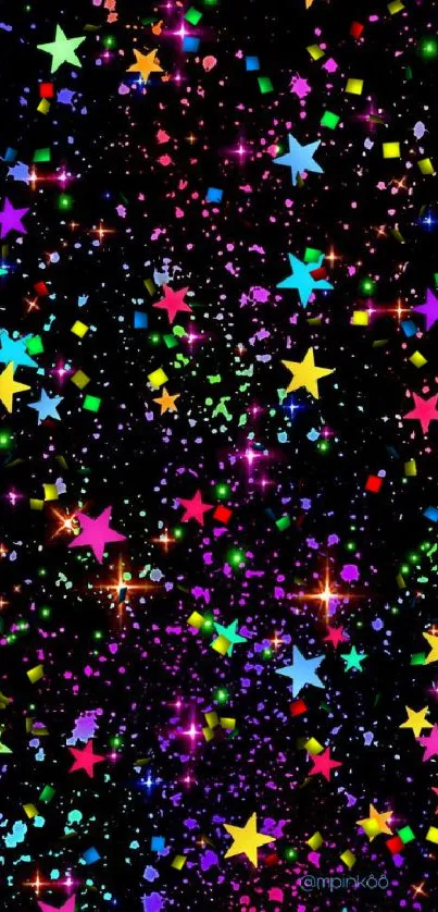 Vibrant stars on a black night sky wallpaper with colorful sparkles.