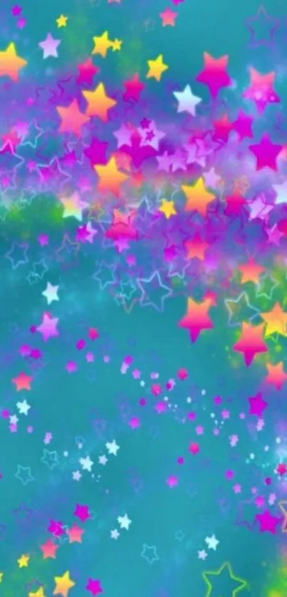 Vibrant teal wallpaper with colorful stars and bright designs.