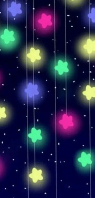 Vibrant starry night wallpaper with neon flower lights.