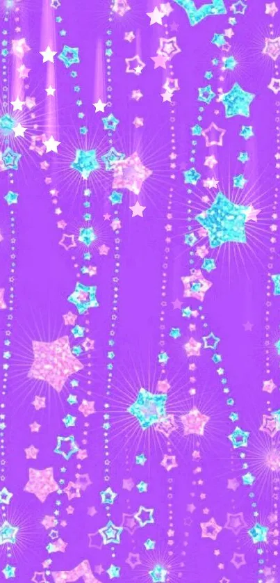 Purple starry wallpaper with teal and pink stars.