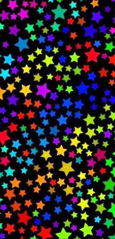 Vibrant wallpaper with colorful stars on a black background for mobile phones.