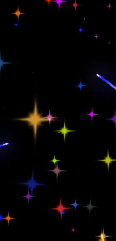 Vibrant wallpaper with colorful stars on a black background.