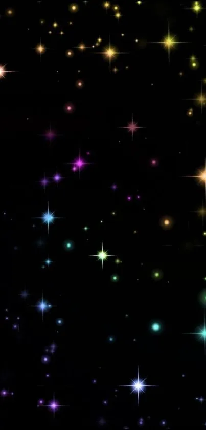 Vibrant wallpaper with colorful stars on a black background.