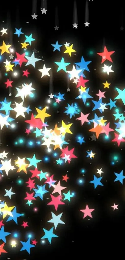 Mobile wallpaper with bursting colorful stars on a dark background.