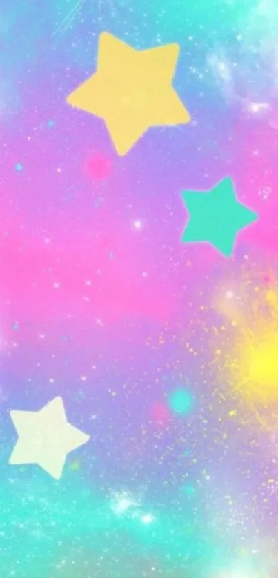 Colorful wallpaper with stars on a cyan background.